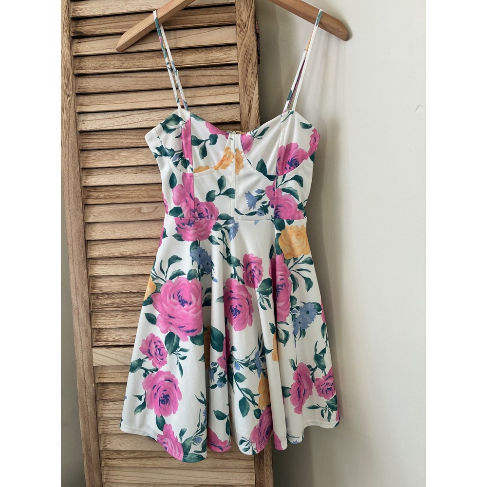 F21 Floral Bustier Fit and Flare Romantic Mini Dress White Pink Rose Small